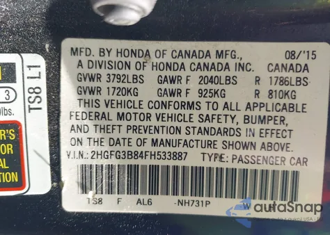 2015 Honda Civic Ex from USA, damaged, VIN 2HGFG3B84FH533887